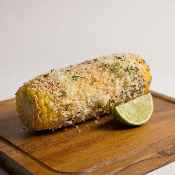 Grilled corn on the cob, topped with cheese and herbs, served with a lime wedge.