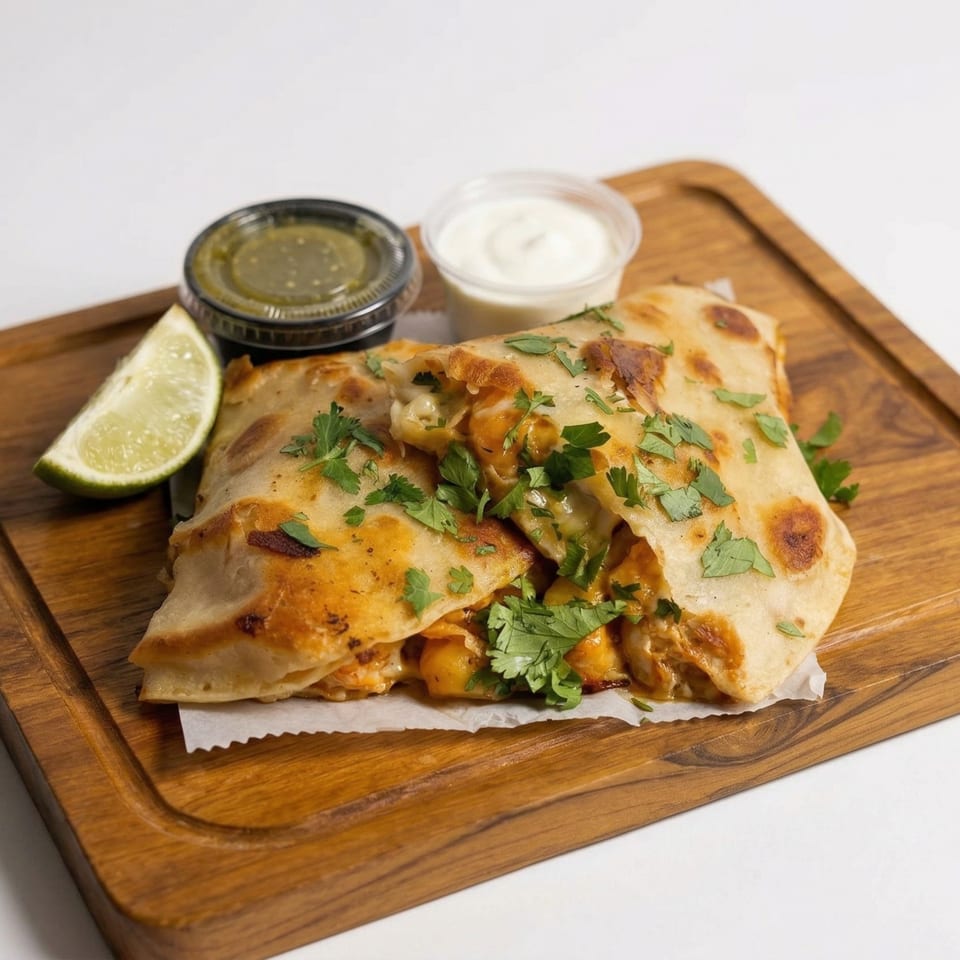 Chicken quesadilla with cilantro, a lime wedge, green salsa, and sour cream on a wooden board.