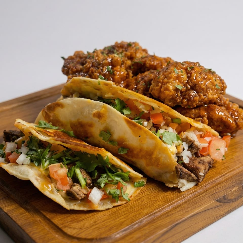 Three tacos with meat, cilantro, and onions, alongside glazed fried chicken on a wooden board.