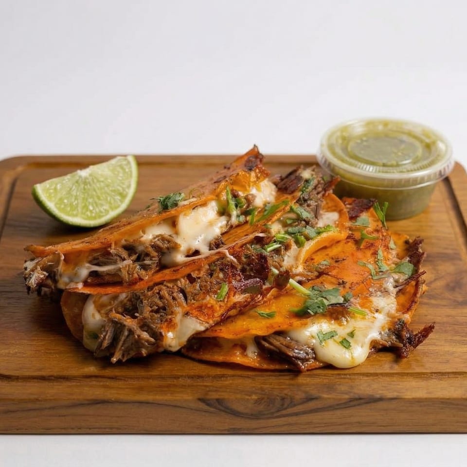 Three cheesy birria tacos with cilantro, a lime wedge, and green salsa on a wooden board.
