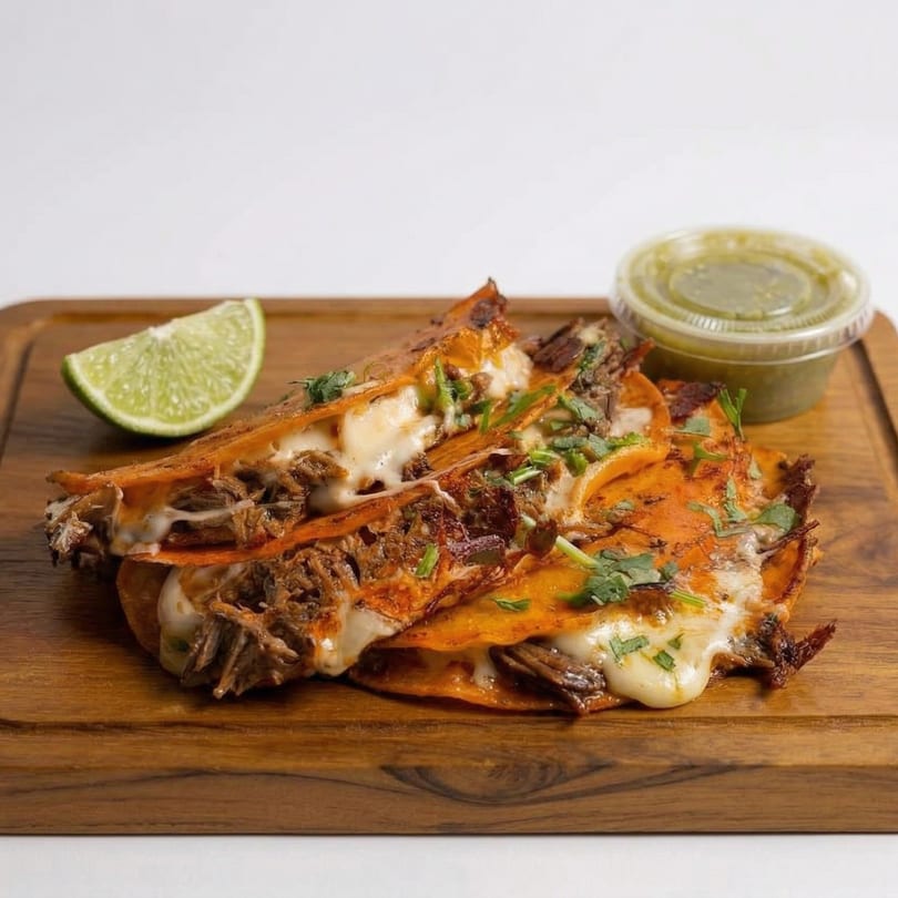 Three cheesy birria tacos with cilantro, a lime wedge, and green salsa on a wooden board.