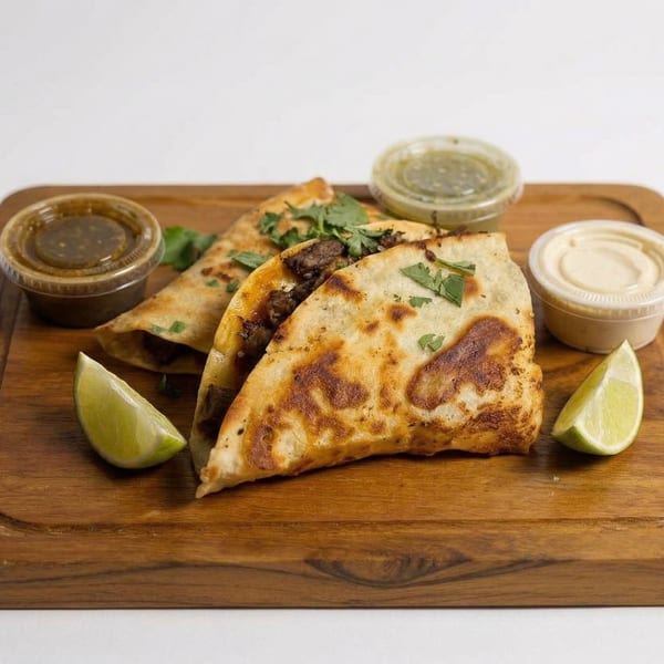 Three quesadillas with meat and cilantro, two lime wedges, and three sauce containers on a wooden board.