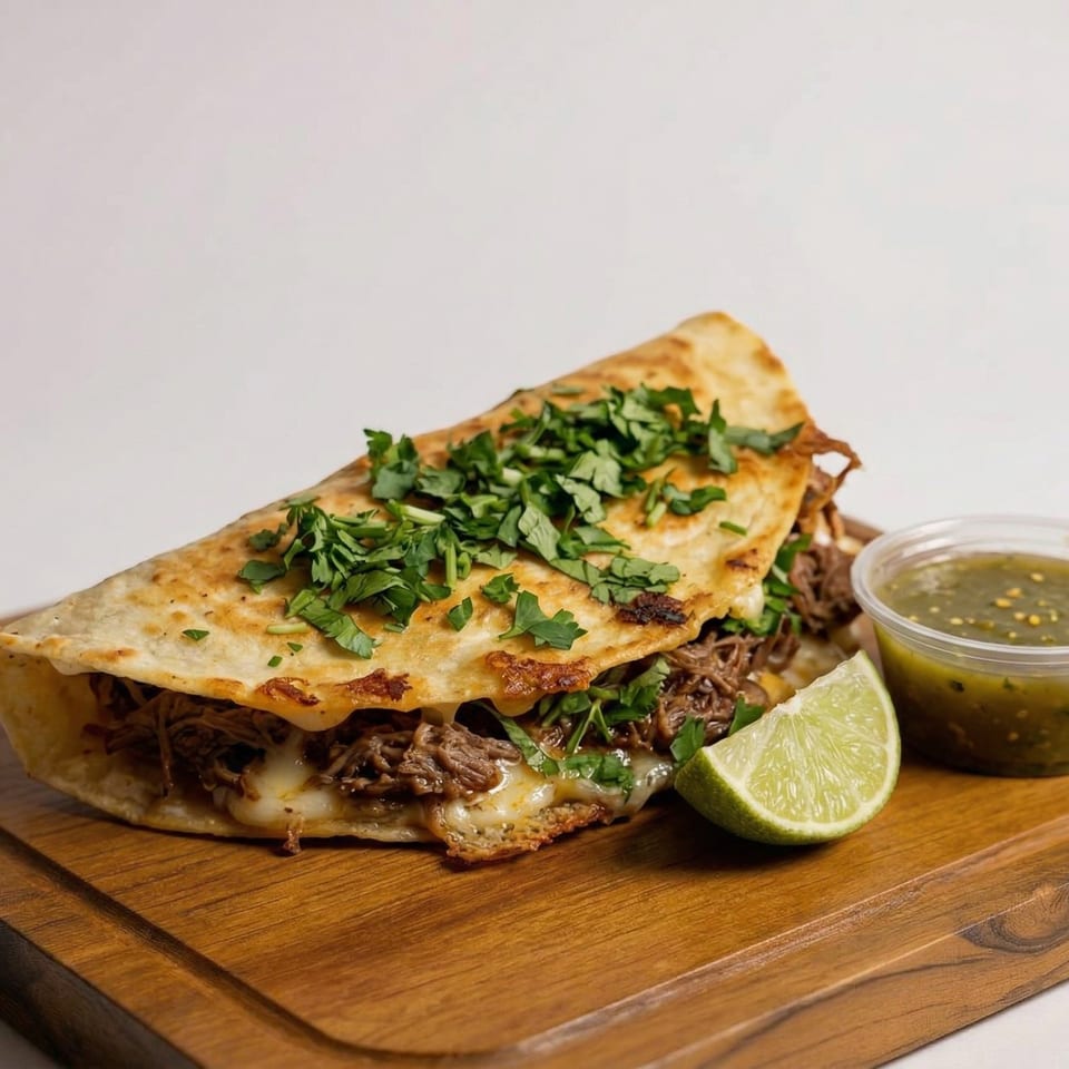A large, folded quesadilla filled with shredded meat and melted cheese, garnished with cilantro and a lime wedge.