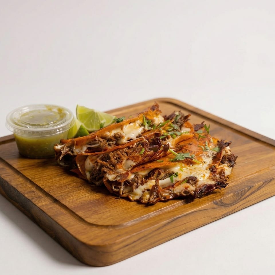 Cheesy birria tacos with cilantro, lime wedges, and green salsa on a wooden board.