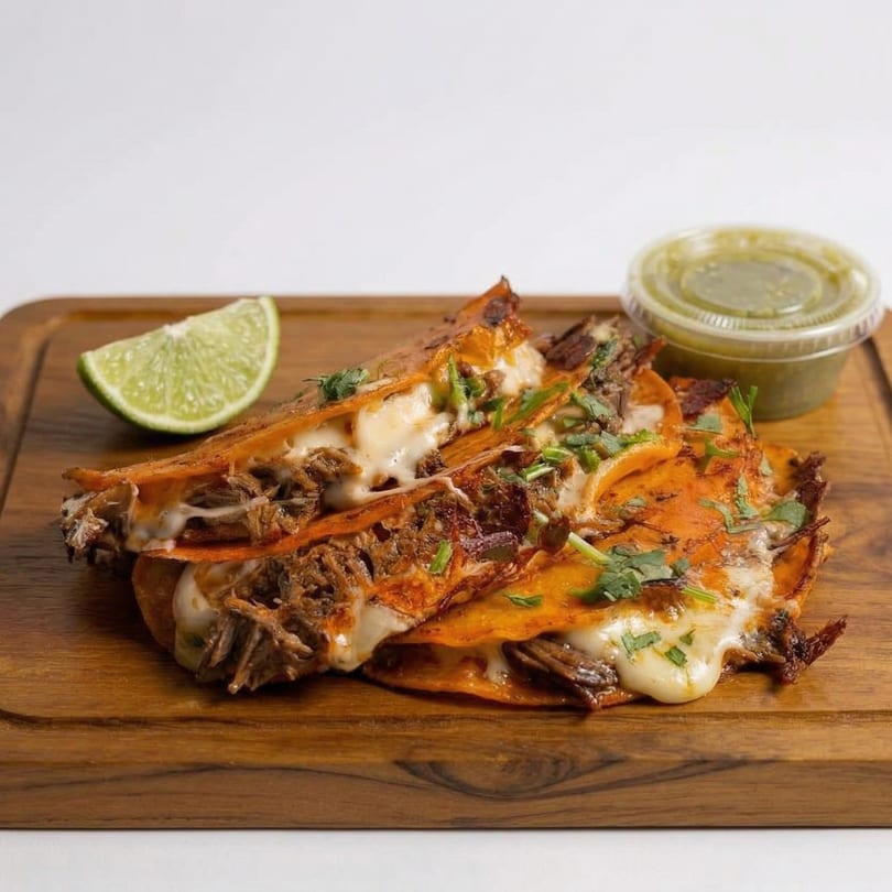 Three cheesy birria tacos with cilantro, a lime wedge, and green salsa on a wooden board.