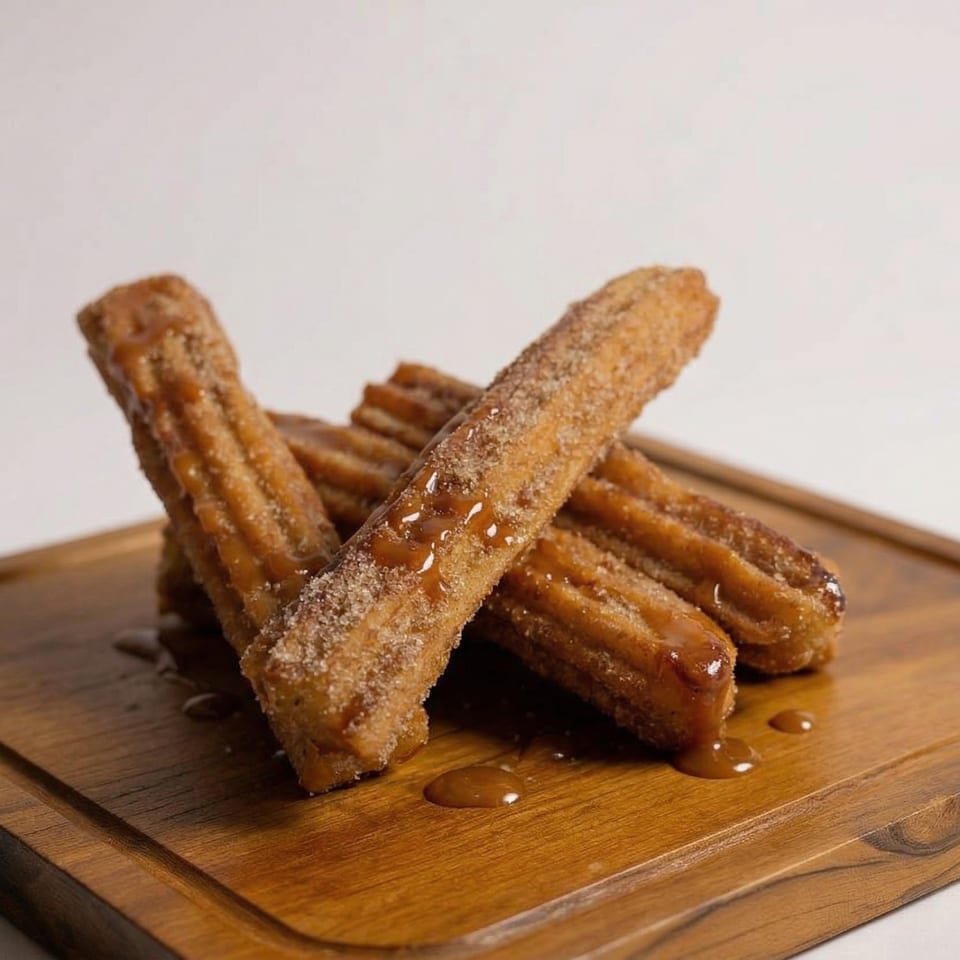 Four churros, coated in sugar and drizzled with caramel sauce, rest on a wooden board.