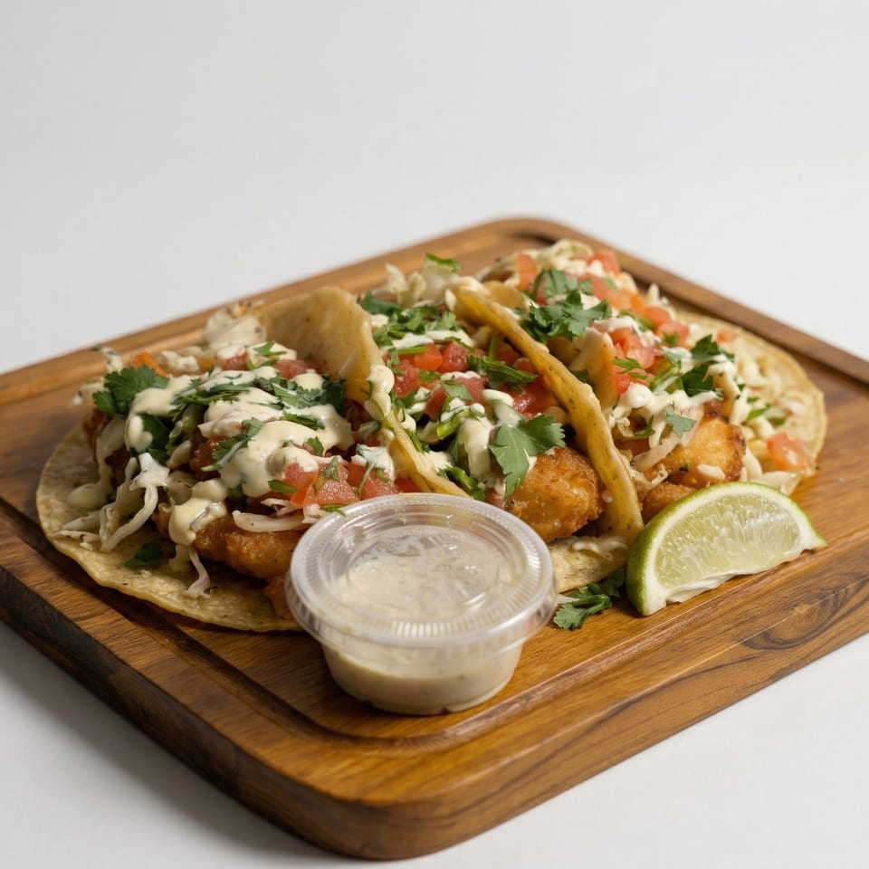 Two fish tacos with white sauce, cilantro, and diced tomatoes, served with a lime wedge.