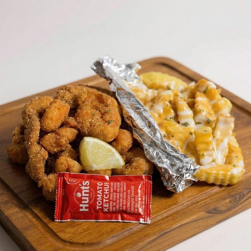 Fried shrimp and cheesy fries with a lemon wedge and Hunt's ketchup packet on a wooden board.